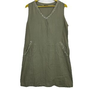 Made In Italy Linen Blend Midi Dress Size M Green Boho Lagenlook Sequins Pockets